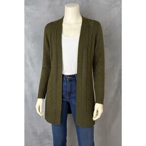 Karen Scott Open Front Cardigan Sweater Olive Green PM Petite Medium Knit Long